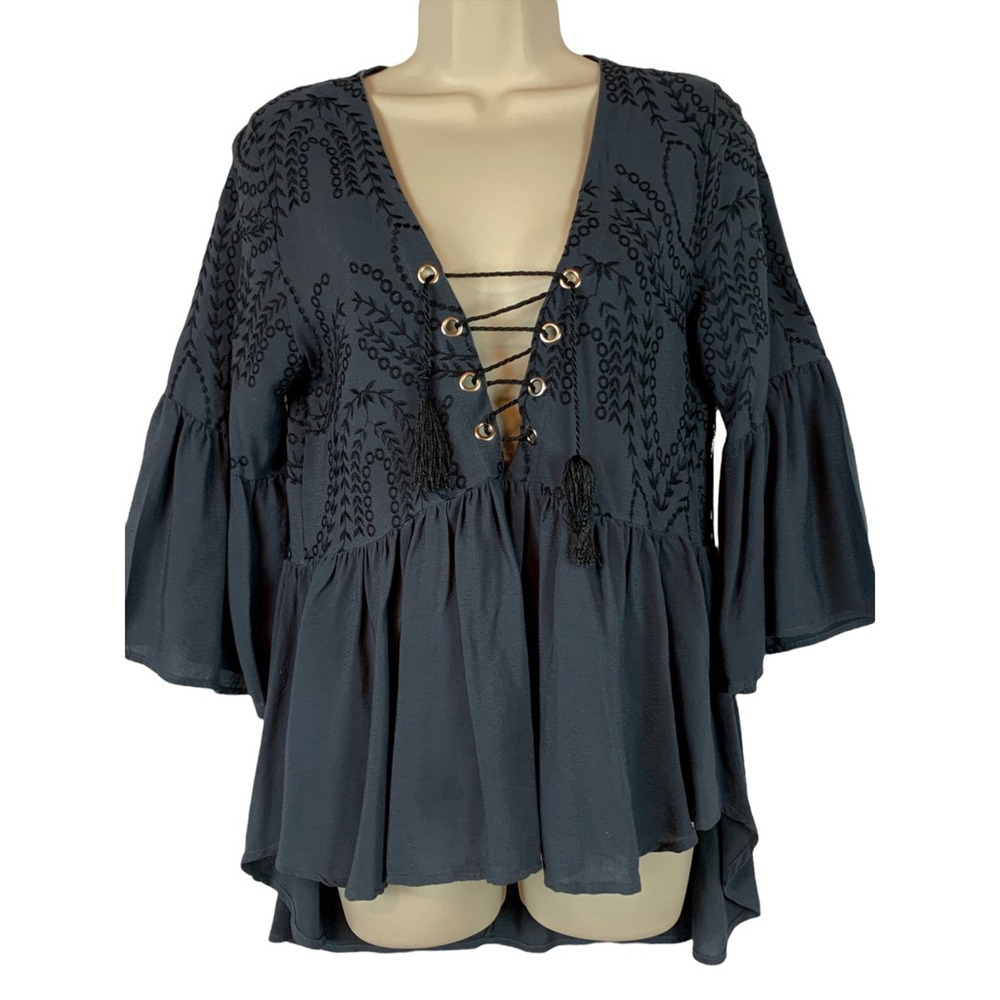 Flowers Of Romance Womens Blouse Black Bell Sleeve V Neck Tassel Embroidered XS - Picture 4 of 9